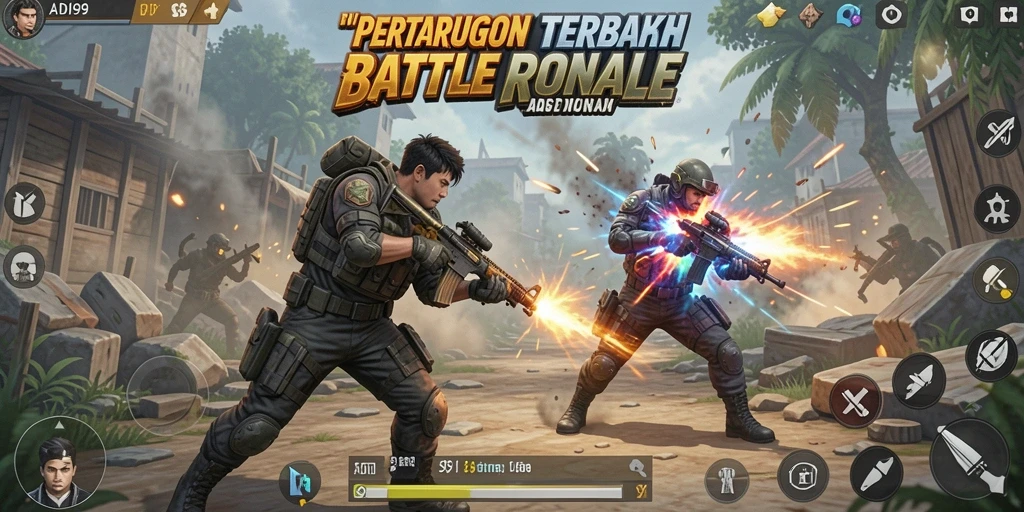 Tangkapan layar utama ADI99 menampilkan aksi penuh dalam pertarungan Battle Royale.