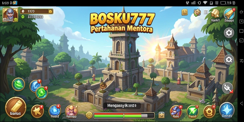 Screenshot utama BOSKU777 menampilkan aksi pertahanan menara yang seru.
