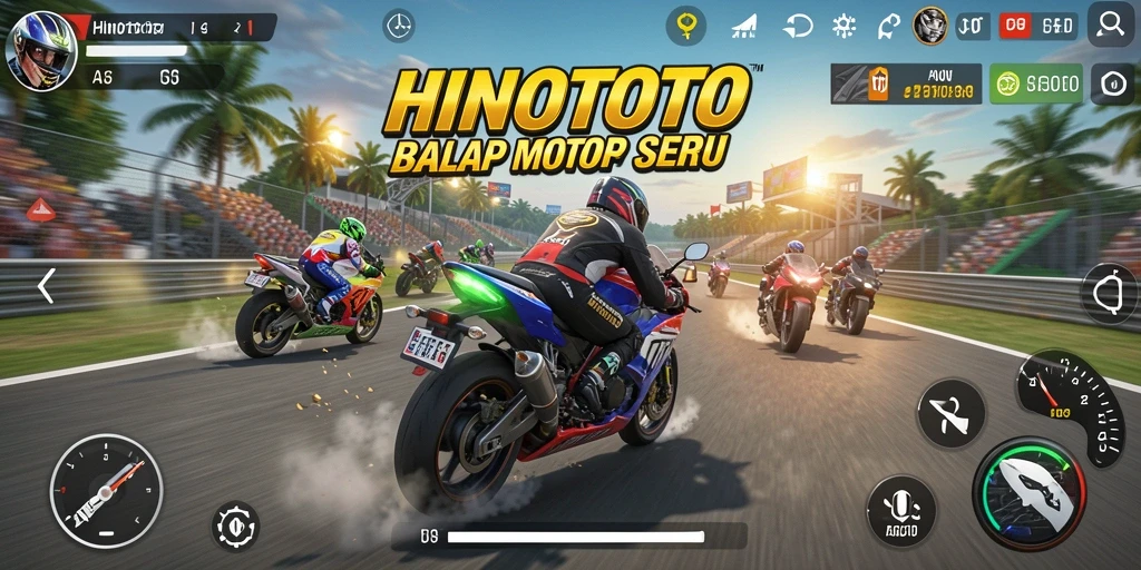 Screenshot HINOTOTO menampilkan aksi balap motor yang mendebarkan.