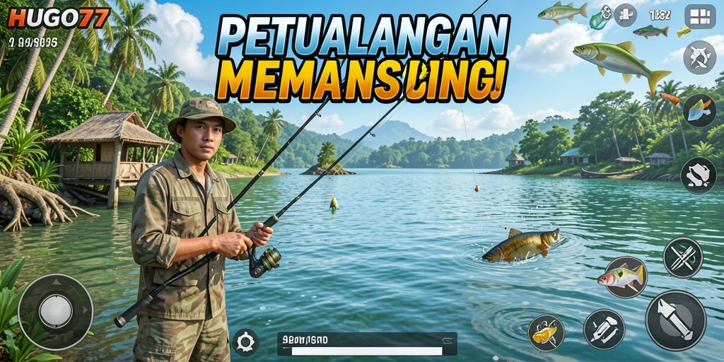 Tampilan gameplay HUGO77 yang menampilkan momen menangkap ikan.