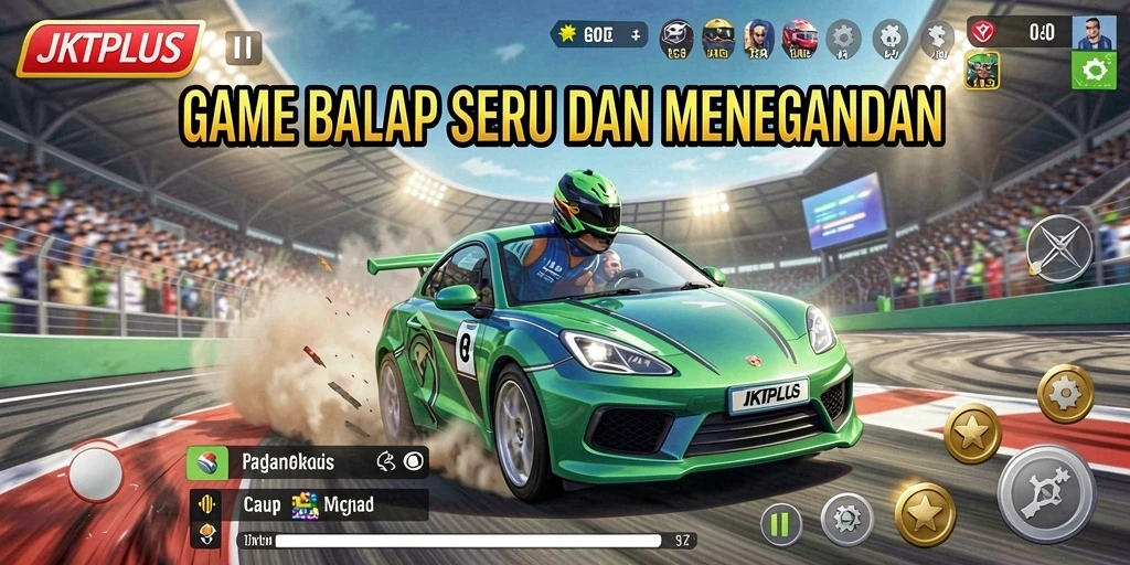 Tampilan gameplay menegangkan dalam JKTPLUS dengan mobil balap berkecepatan tinggi.