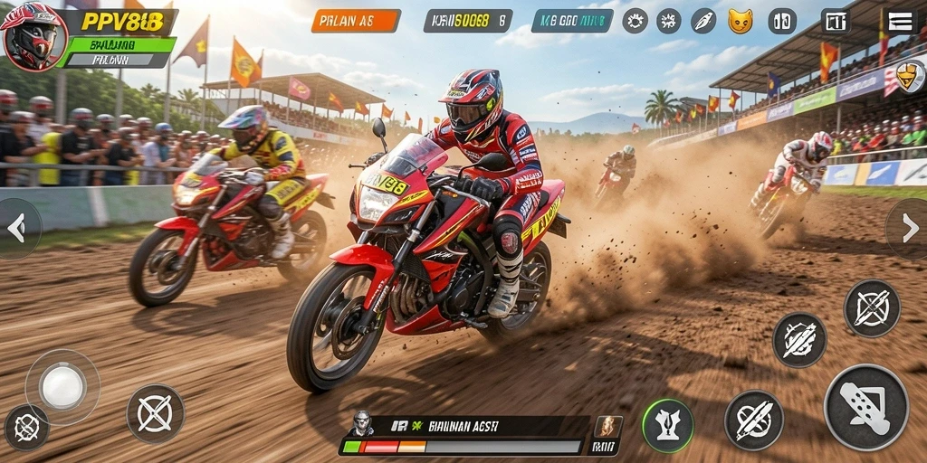 Gameplay PPV88 menampilkan balapan motor yang cepat dan mendebarkan.