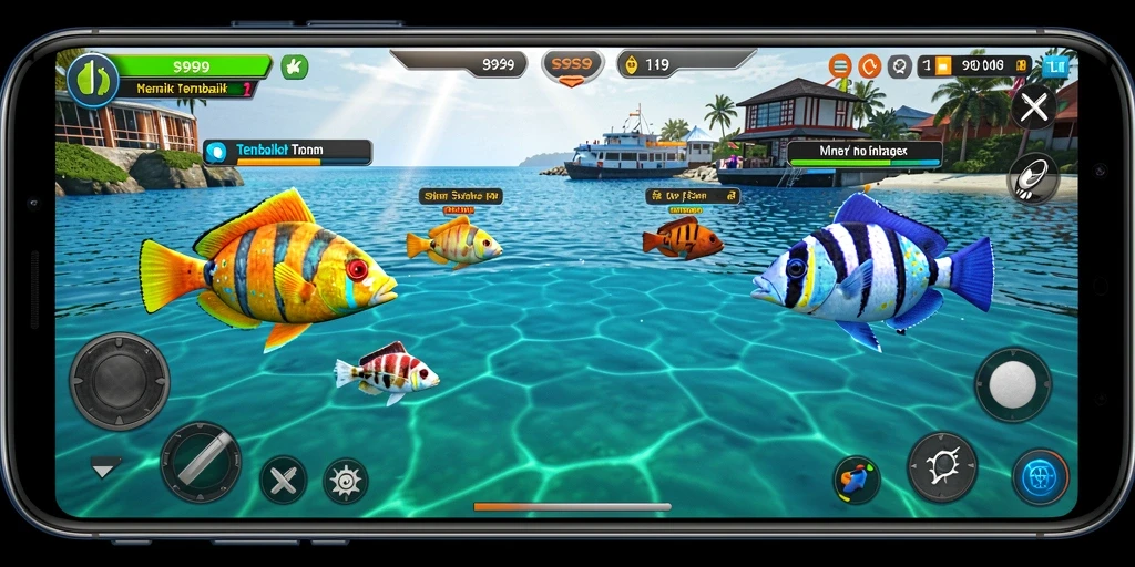 Gameplay S9S9 menampilkan aksi seru menangkap ikan.